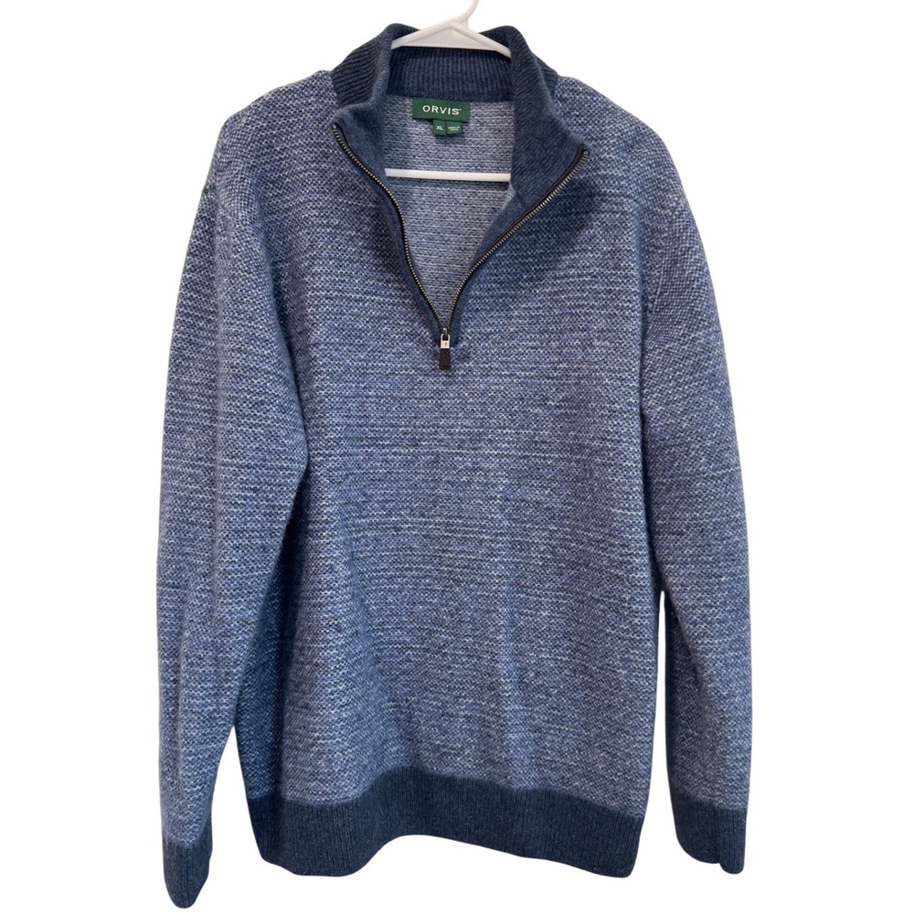 Orvis Mens XL Blue‎ Wool Cashmere Blend Quarter Zip Pullover Sweater Marled Knit